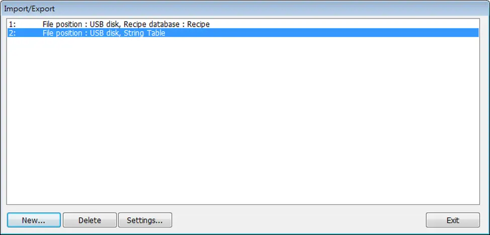 Import/Export Object Window EBPro Import/Export configuration window showing options for exporting and importing Recipe Database and String Table data to and from a USB storage device.