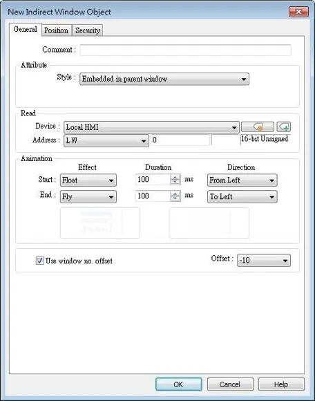 EBPro Indirect Window Object configuration window showing a window linked to Local HMI register LW0, embedded in a parent window, with configurable animation effects and a window number offset setting.