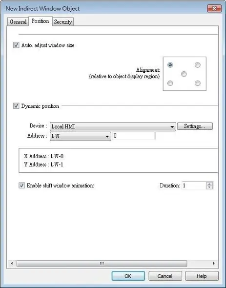 EBPro Indirect Window Object Position settings showing automatic window sizing, configurable alignment, dynamic positioning using Local HMI registers LW0 and LW1, and optional shift window animation.
