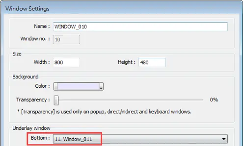 Adding an underlay window to the settings of window 10, referencing Window 11