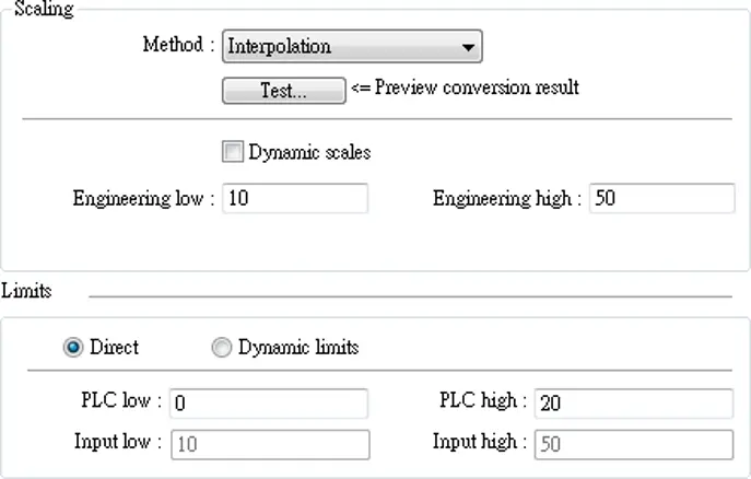 EBPro Numeric Object scaling and limits settings showing interpolation scaling, engineering range of 10 to 50, PLC range of 0 to 20, and input limits of 10 to 50.