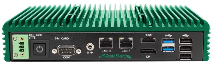IPC2400 Series Front Panel View Front panel view of the IPC2400A Series showing power input connector, power button, SIM card slot, serial port, audio output, dual LAN ports, HDMI output, DisplayPort output, and USB ports.