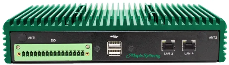 IPC2411A Rear Panel View Rear panel view of the IPC2411A showing digital I/O connector, USB ports, optional antenna connections, and dual PoE Ethernet ports.