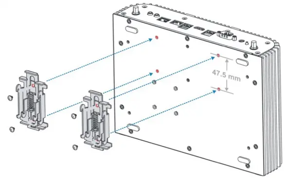IPC2550C DIN-Rail Mounting Illustration IPC2550C with optional DIN rail mounting kit installed for attachment to a standard 35 mm DIN rail. Illustration shows the mounting scheme for 2x DIN-rail brackets to the IPC bottom plate