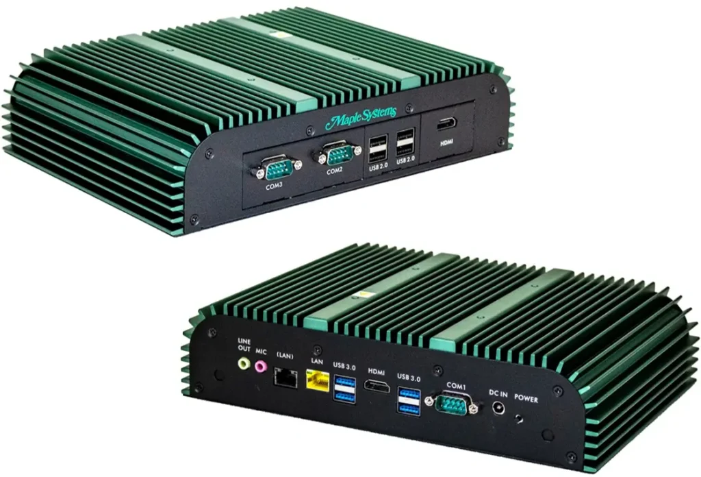 IPC2550C Front and Rear Panel Views Front and rear perspective views of an IPC2550C industrial box PC with a fanless aluminum chassis and green heat-dissipating fins. The images show the unit's communication and I/O ports, including serial ports, USB ports, Ethernet ports, audio connections, HDMI, and DC power input.