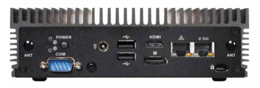 Front panel view of the IPC2700 Industrial Box PC showing antenna connectors, a serial COM port, audio jack, USB ports, HDMI and DisplayPort video outputs, dual Ethernet ports, USB A Host ports, power button, and status indicators.