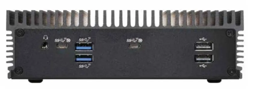 Rear panel view of the IPC2700 Industrial Box PC showing audio output, two USB-C ports, USB 3.0 ports, and USB 2.0 ports for peripheral connectivity.
