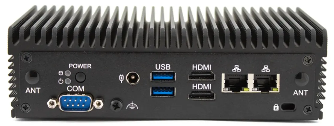 Front panel view of the IPC2700 Industrial Box PC showing antenna connectors, a serial COM port, USB ports, Dual HDMI video outputs, dual Ethernet ports, USB A Host ports, power button, and status indicators.