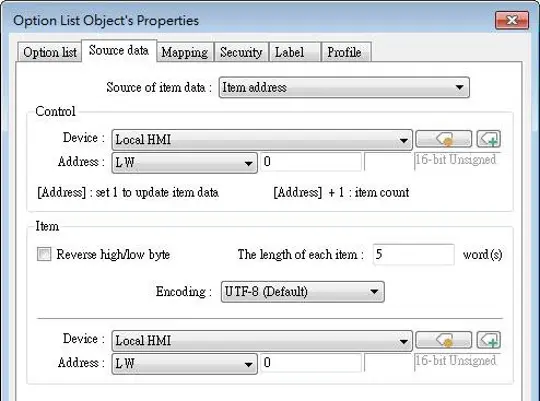 EBPro Option List Source Data settings showing item data sourced from Local HMI registers, with UTF-8 encoding, configurable item length, and address-based item list management.