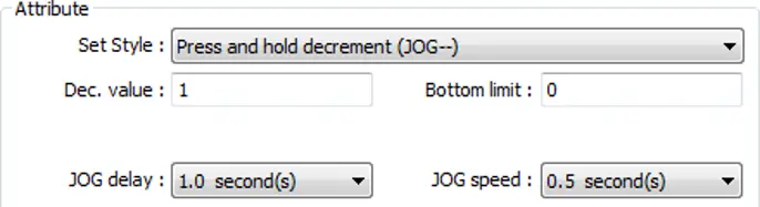 Set Word Object Attribute section showing Set Style configured to Press and hold decrement (JOG--), with a Decrement value of 1, a Bottom limit of 0, a JOG delay of 1.0 second, and a JOG speed of 0.5 seconds.