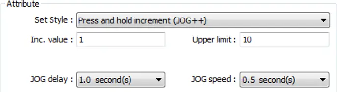 Set Word Object Attribute section showing Set Style configured to Press and hold increment (JOG++), with an Increment value of 1, an Upper limit of 10, a JOG delay of 1.0 second, and a JOG speed of 0.5 seconds.