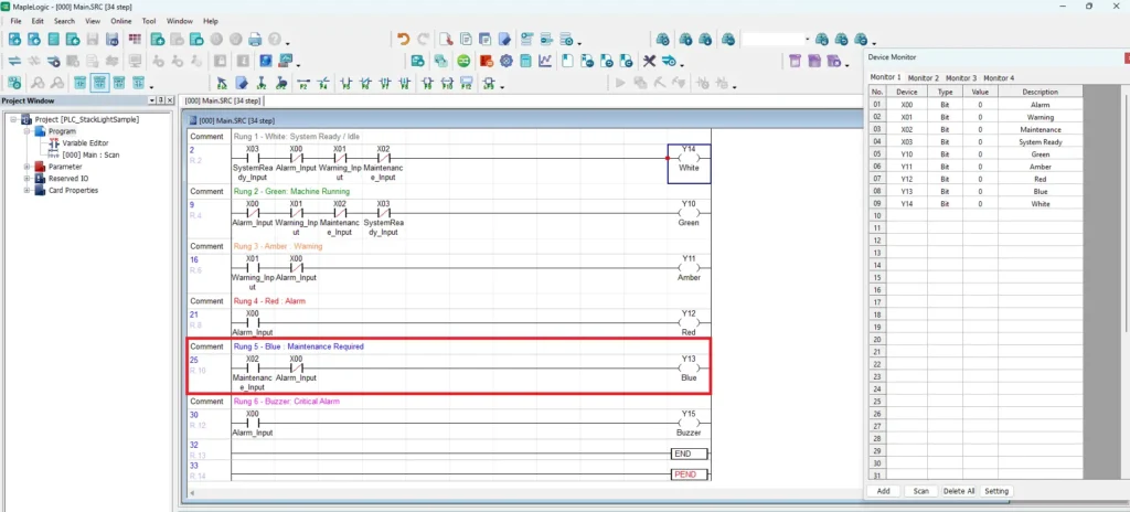 ladder logic rung 5 blue stack light