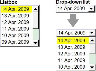 There are two forms of option list object – [List box] and [Drop-down list]. The [List box] lists all items and highlights the selected one. The [Drop-down list] normally displays only the selected item.