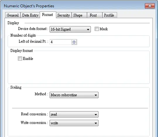 EBPro Numeric Object Format settings showing Macro Subroutine scaling with custom read and write conversion functions selected for data processing.