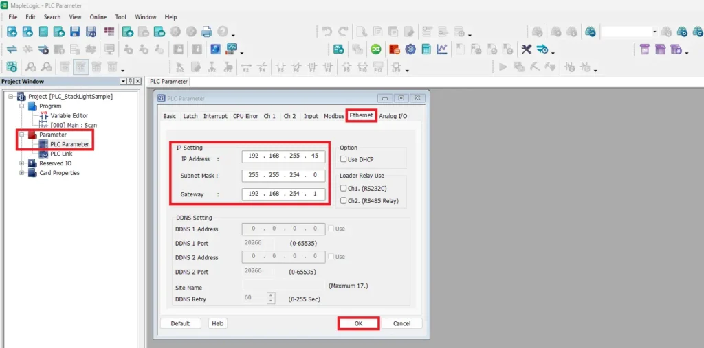 plc ethernet parameters setting ip address settings to the plc
