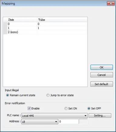 EBPro Mapping configuration window showing state-to-value assignments, error handling options, and Local HMI register LB0 selected for error notification.