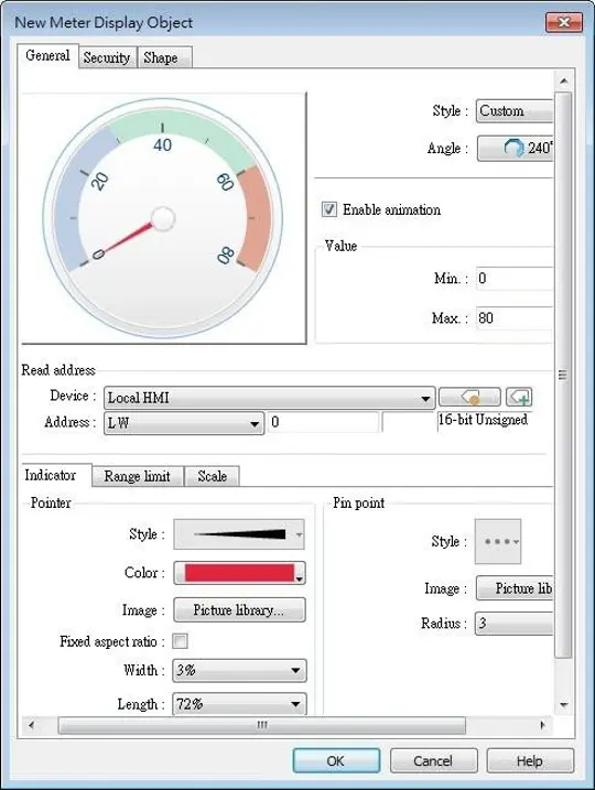 Meter Display Object, General Tab EBPro Meter Display Object configuration window showing a circular gauge linked to Local HMI register LW0, with configurable pointer style, scale range, animation settings, and indicator appearance options.