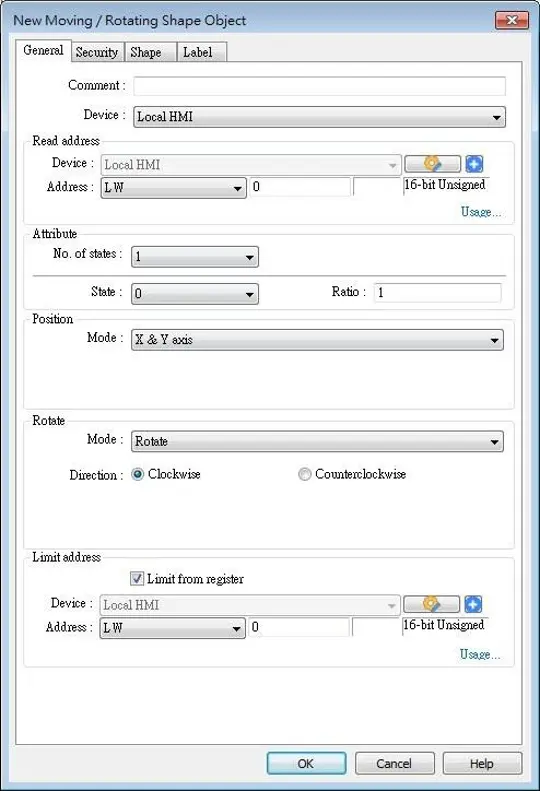 Moving/Rotating Shape Object, General tab EBPro Moving/Rotating Shape Object configuration window showing a shape linked to Local HMI register LW0, with position control on both X and Y axes, clockwise rotation enabled, and movement limits defined by a register value.