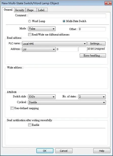 EBPro Multi-State Switch/Word Lamp Object configuration window showing a Multi-State Switch linked to Local HMI register LW0, with JOG+ switch style and 2 states configured.