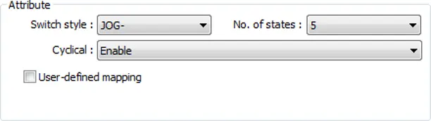 EBPro Multi-State Switch attribute settings showing JOG- switch style, 5 states configured, and cyclical operation enabled.