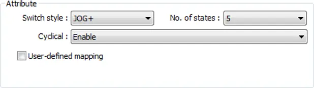 EBPro Multi-State Switch attribute settings showing JOG+ switch style, 5 states configured, and cyclical operation enabled.