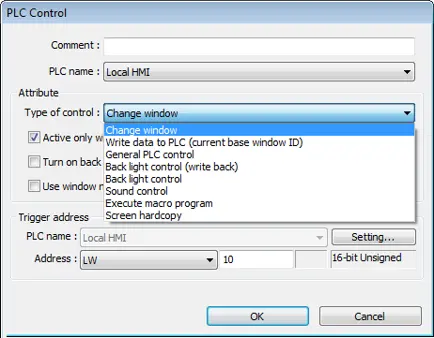 EBPro PLC Control Object configuration window showing available control functions, including window changes, PLC writes, backlight control, sound control, macro execution, and screen hardcopy options, triggered by a Local HMI register.