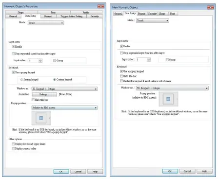 Comparison of two EBPro Numeric Object keyboard settings windows showing touch input configuration, keypad selection options, and popup keyboard behavior settings.