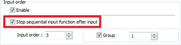 EBPro Input Order settings showing sequential input enabled, with the "Stop sequential input function after input" option selected, Input Order set to 3, and Group set to 1.