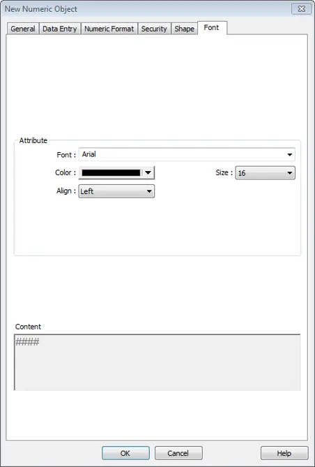 EBPro Numeric Object Font settings showing font selection, text color, font size, alignment options, and a preview of the displayed numeric format.