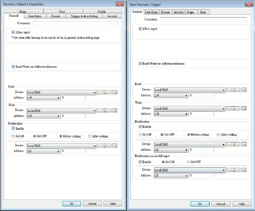 Comparison of two EBPro Numeric Object Data Entry configuration windows showing read/write address settings, notification options, and invalid input handling for Local HMI registers.