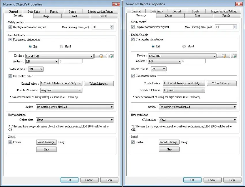 Comparison of two EBPro Numeric Object Security settings windows showing confirmation prompts, register-based enable/disable control, control token configuration, user access restrictions, and sound notification options.