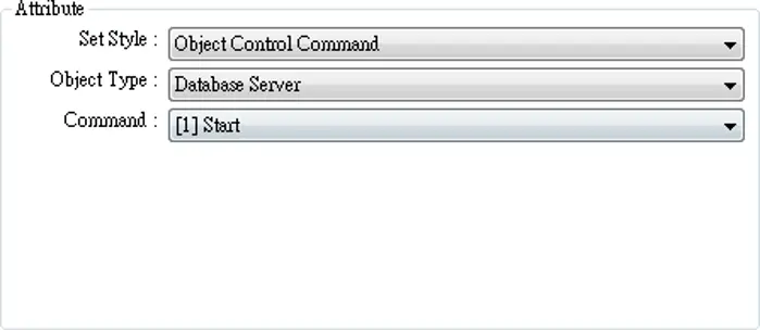 Set Word Object Attribute section showing Set Style configured to Object Control Command, with Database Server selected as the Object Type and [1] Start selected as the command.