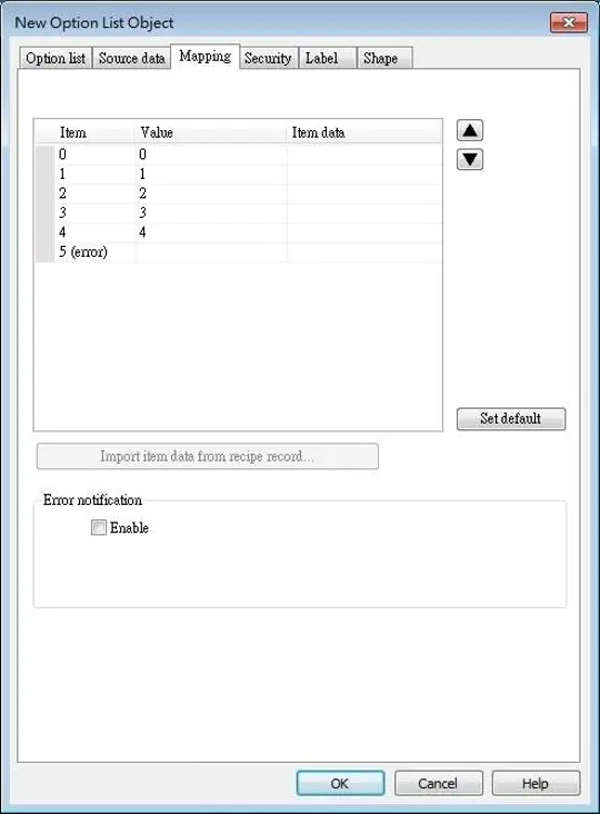 EBPro Option List Mapping settings showing item-to-value assignments for six states (0–4 and error), with configurable item data and error notification options.