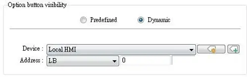 Configuration dialog showing Predefined and Dynamic options for controlling the visibility of the Event Bar Chart option button using a designated bit address.