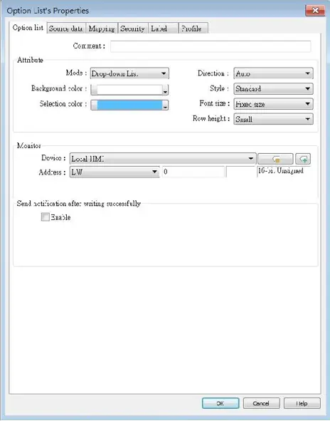 EBPro Option List Object configuration window showing a Drop-down List linked to Local HMI register LW0, with customizable colors, display style, font size, row height, and notification settings.