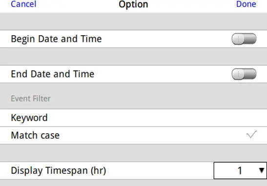 Display Timespan Options Options screen for an Event Bar Chart showing settings for Begin Date and Time, End Date and Time, keyword filtering, match case, and Display Timespan (hours), used to configure the time range and filtering of displayed events.