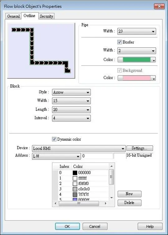Flow Block Object Properties window showing pipe animation configuration, including pipe dimensions, border and background colors, block style and spacing, dynamic color settings, and a color table used to animate flow direction and status.