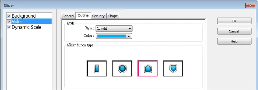 EBPro Slider Object Outline tab. This is where the style of the object are configured. Image showing Crystal style selected, blue color theme, and available slider button shape options.