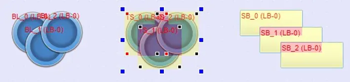 Overlapping Objects Shown Example screen showing overlapping touchable objects, with a group of Toggle Switch objects selected and highlighted by resize handles after being located using the Find Overlapping Objects feature.
