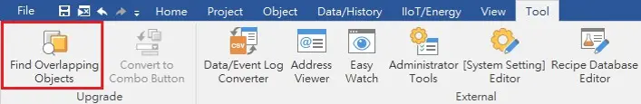 EBPro Tool Menu, Find Overlapping Objects box highlighted Tool menu with the Find Overlapping Objects command highlighted, used to locate touchable objects that overlap and may be eligible for conversion into a Combo Button.