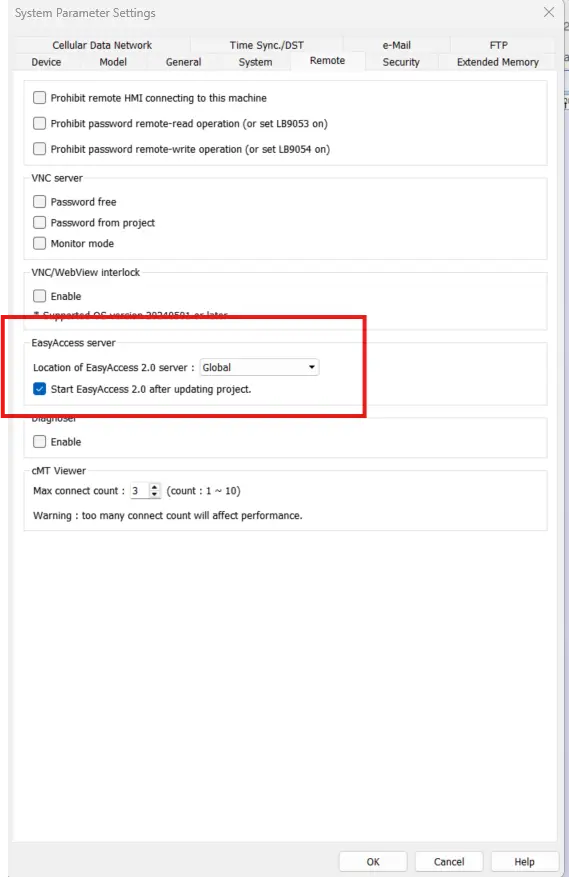 System Parameter Settings window showing the Remote tab, with the EasyAccess 2.0 server configuration highlighted. Options include selecting the EasyAccess server region and automatically starting EasyAccess 2.0 after downloading or updating a project.