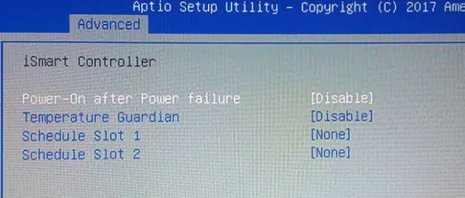 Screenshot of the Aptio Setup Utility iSmart Controller menu showing power management options, including Power-On after Power Failure, Temperature Guardian, and scheduling settings.