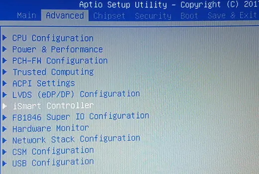 Screenshot of the Aptio Setup Utility Advanced menu showing system configuration options, including CPU, power, ACPI, Super I/O, hardware monitor, network, USB, and iSmart Controller settings, with the iSmart Controller entry selected.
