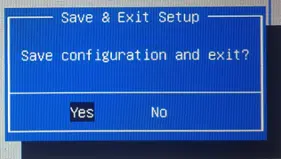Screenshot of the Aptio Setup Utility Save & Exit confirmation dialog prompting the user to save the configuration and exit, with Yes and No options.