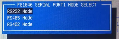 Screenshot of the Aptio Setup Utility Serial Port 1 Mode Select dialog showing available communication modes: RS-232, RS-485, and RS-422.