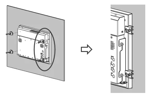 Illustration showing the panel-mount installation of an industrial monitor. The left image shows the unit being inserted into a panel cutout, while the right image shows mounting clamps securing the unit in place from the rear of the panel.