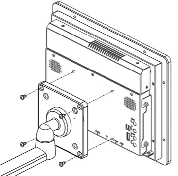 Illustration showing a VESA mount being attached to the rear of an industrial monitor. The diagram shows the mounting plate aligned with the rear mounting holes and secured with screws before attaching to the support arm.