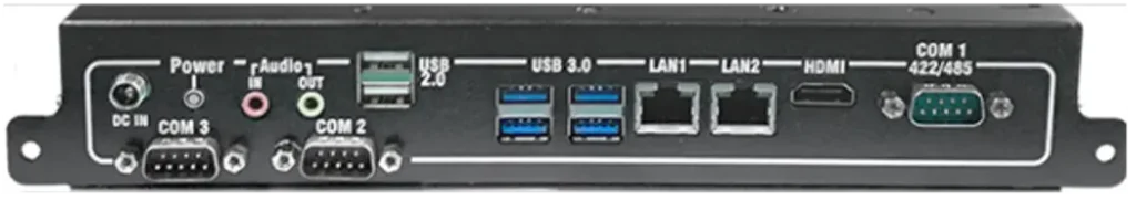 Rear I/O view of the PC1200 industrial panel PC showing power input, audio ports, three serial ports, USB ports, dual Ethernet ports, and an HDMI output.