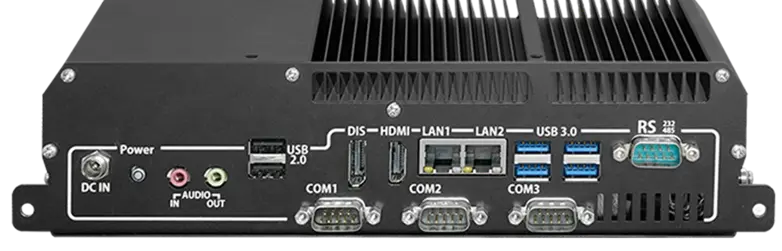 Rear I/O view of the PC1300 industrial panel PC showing power input, audio ports, four serial ports, USB ports, dual Ethernet ports, HDMI, DisplayPort, and RS-232/422/485 connectivity.