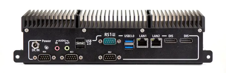 Rear I/O view of the PC1400 industrial panel PC showing power input, audio ports, three serial ports, USB ports, dual Ethernet ports, and dual DisplayPort outputs.